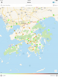 The locations of the 13 urban rooftop and 3 roadside air quality stations in Hong Kong, and 11 stations in Shenzhen.